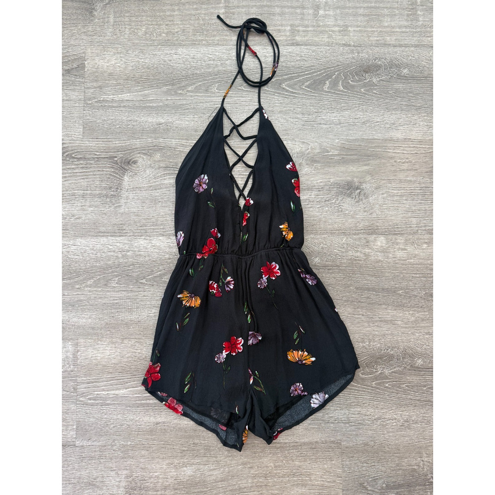 Audrey 3+1 Floral Black Halter V-Neck Romper with Elastic Waist Women's Medium